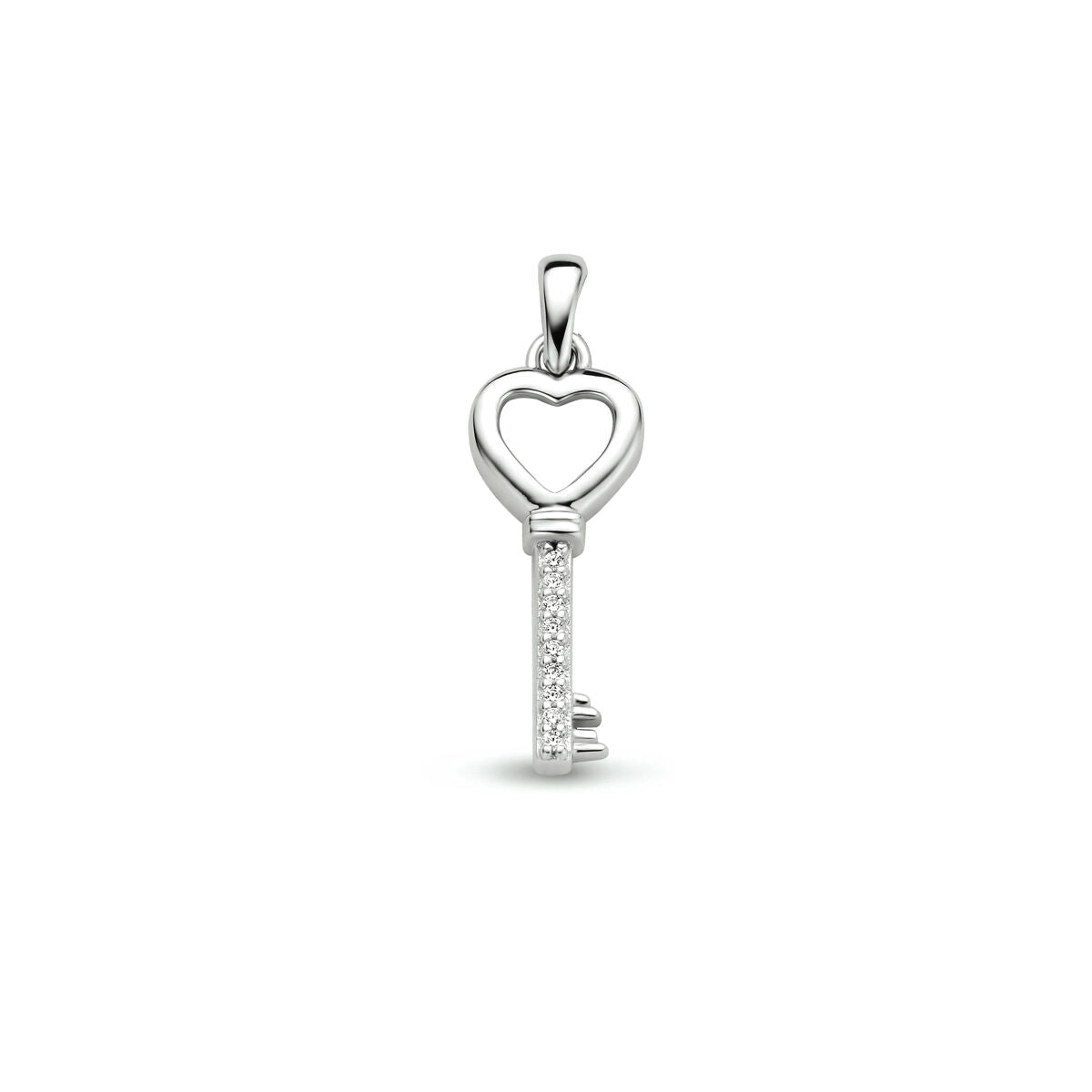 Colgante en forma de llave de plata rhodium con detalles de circonitas brillantes.