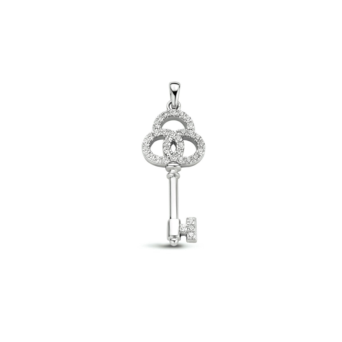 Colgante en forma de llave de plata rhodium con zircón en la parte superior.