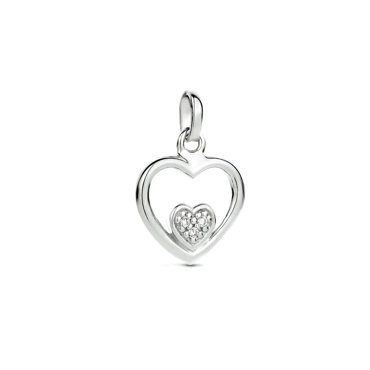 Colgante en forma de corazón de plata rhodium con zircónias en el interior.