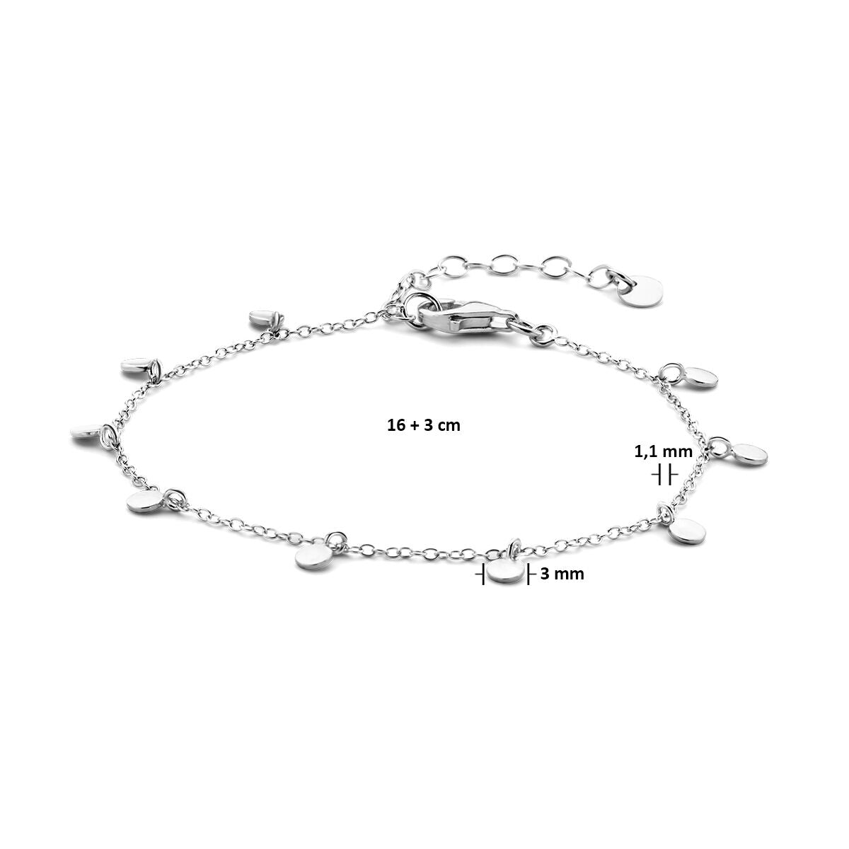 pulsera de círculos 16 + 3 cm plata rodiada