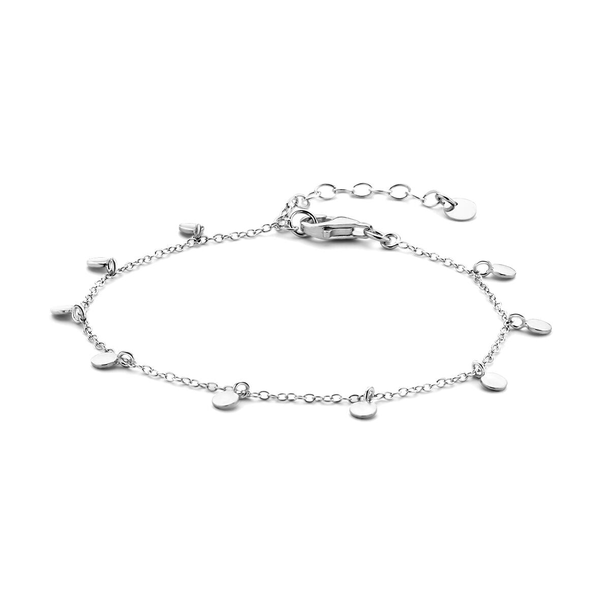 Pulsera de plata rodiada con círculos, longitud de 16 + 3 cm, diseño delicado.