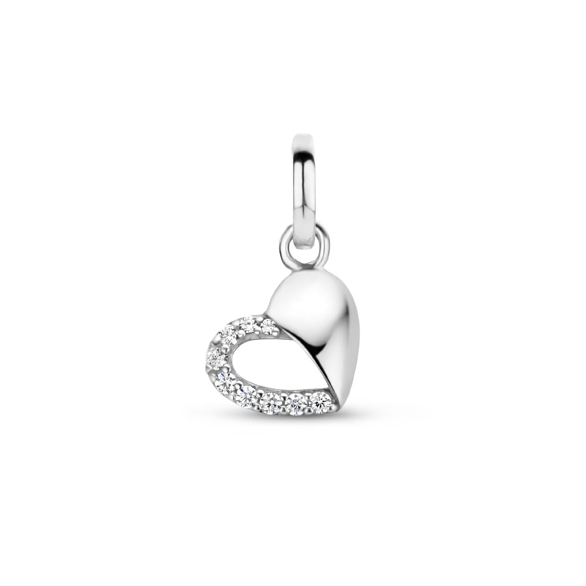 Colgante en forma de corazón de plata rodiada con zirconias brillantes.