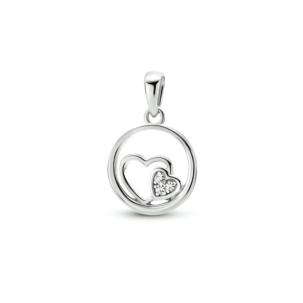 Colgante en forma de corazón con circonitas, acabado en plata rodiada.
