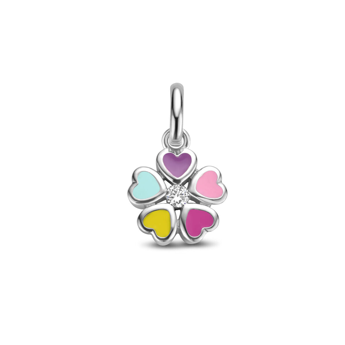 Colgante en forma de flor con pétalos de corazones en colores pastel y una zirconia en el centro.