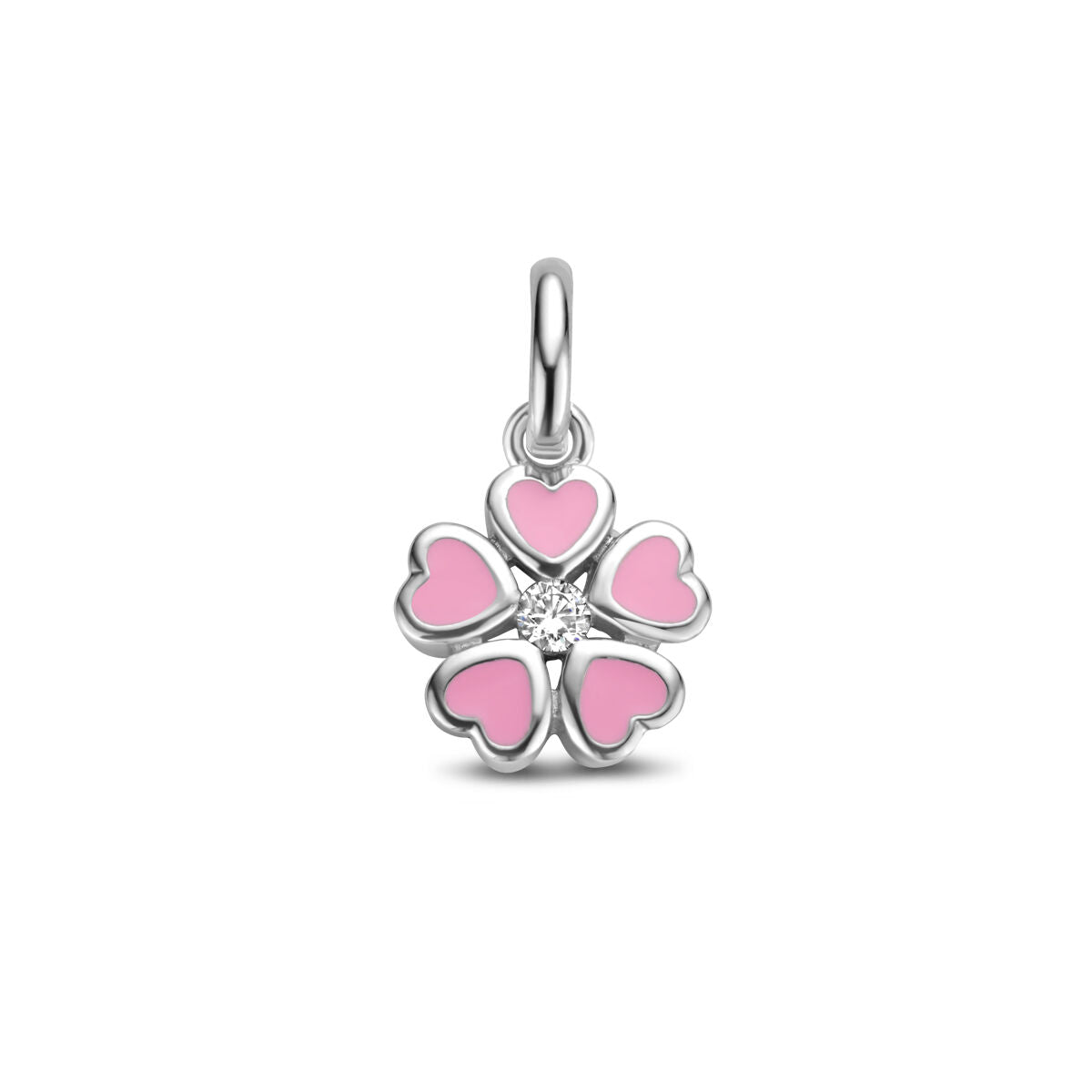 Colgante en forma de flor con corazones, acabado en plata rhodium y zirconia en el centro.