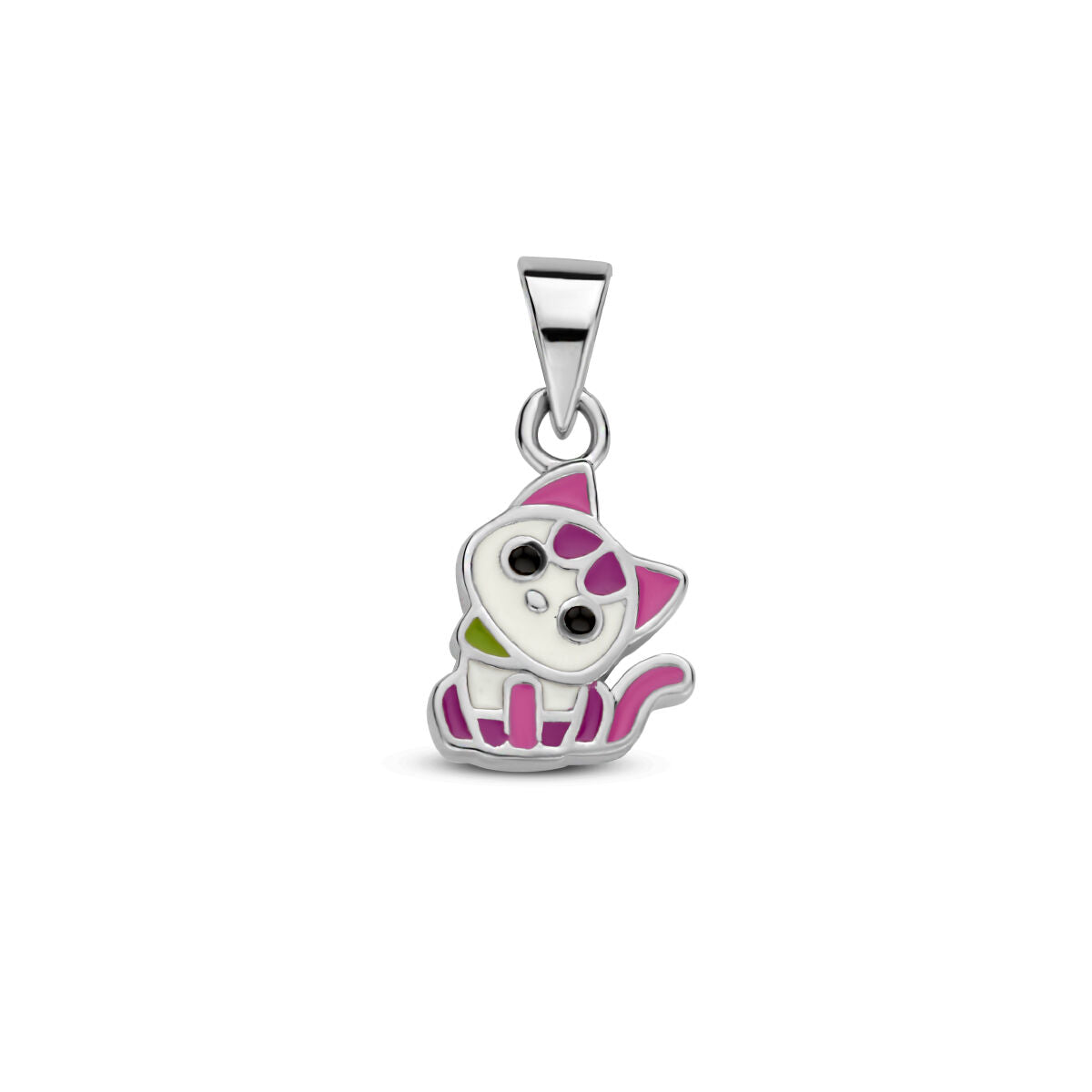 Colgante de gato en plata rodiada con detalles en color rosa y verde.