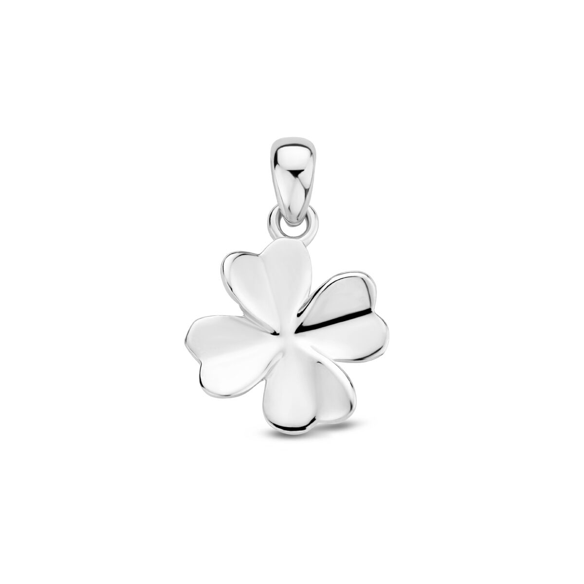 Colgante de trébol de plata rodiada con forma de cuatro hojas.