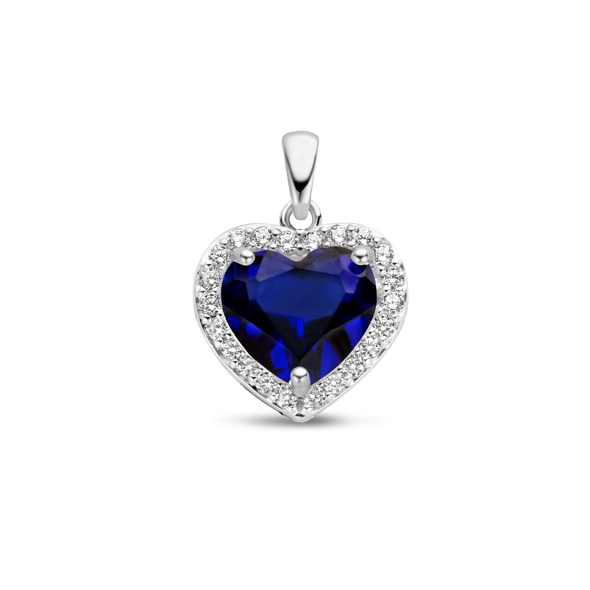 Colgante en forma de corazón con zafiro sintético y halo de circonitas, acabado en plata rodiada.