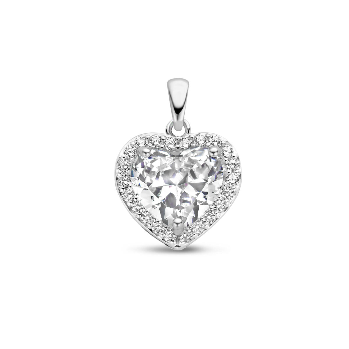 Colgante en forma de corazón con circonitas en halo, acabado en plata rodiada.
