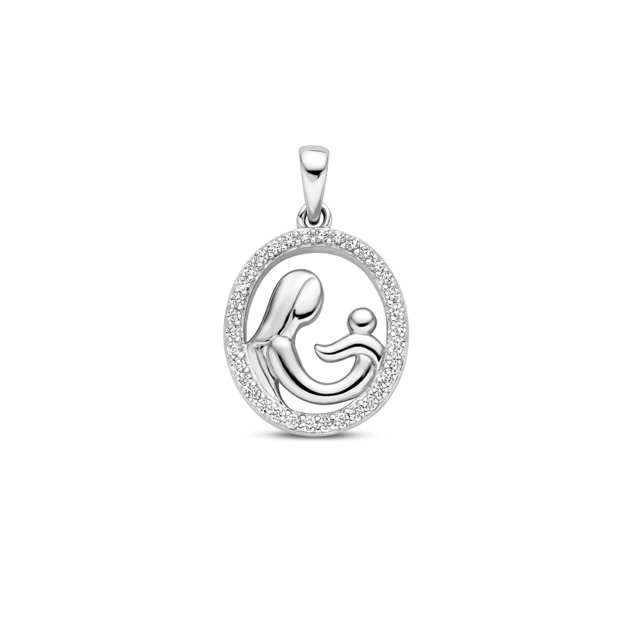 Colgante de madre e hijo en plata rodiada con zircón alrededor de un marco ovalado.