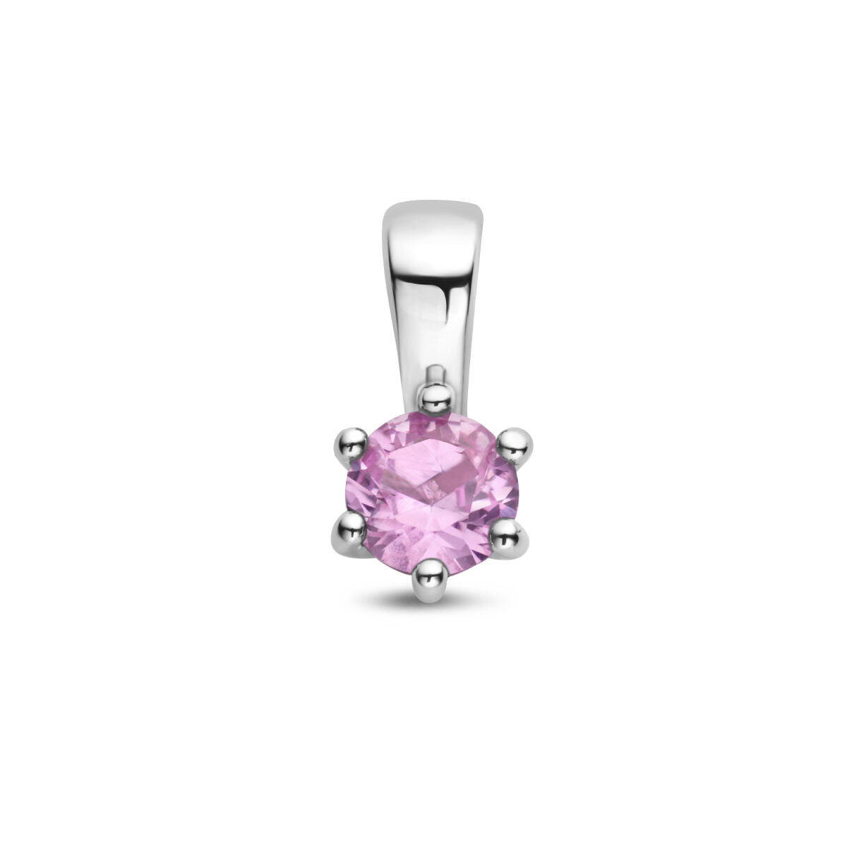 Colgante de plata rodiada con piedra de nacimiento sintética rosa.