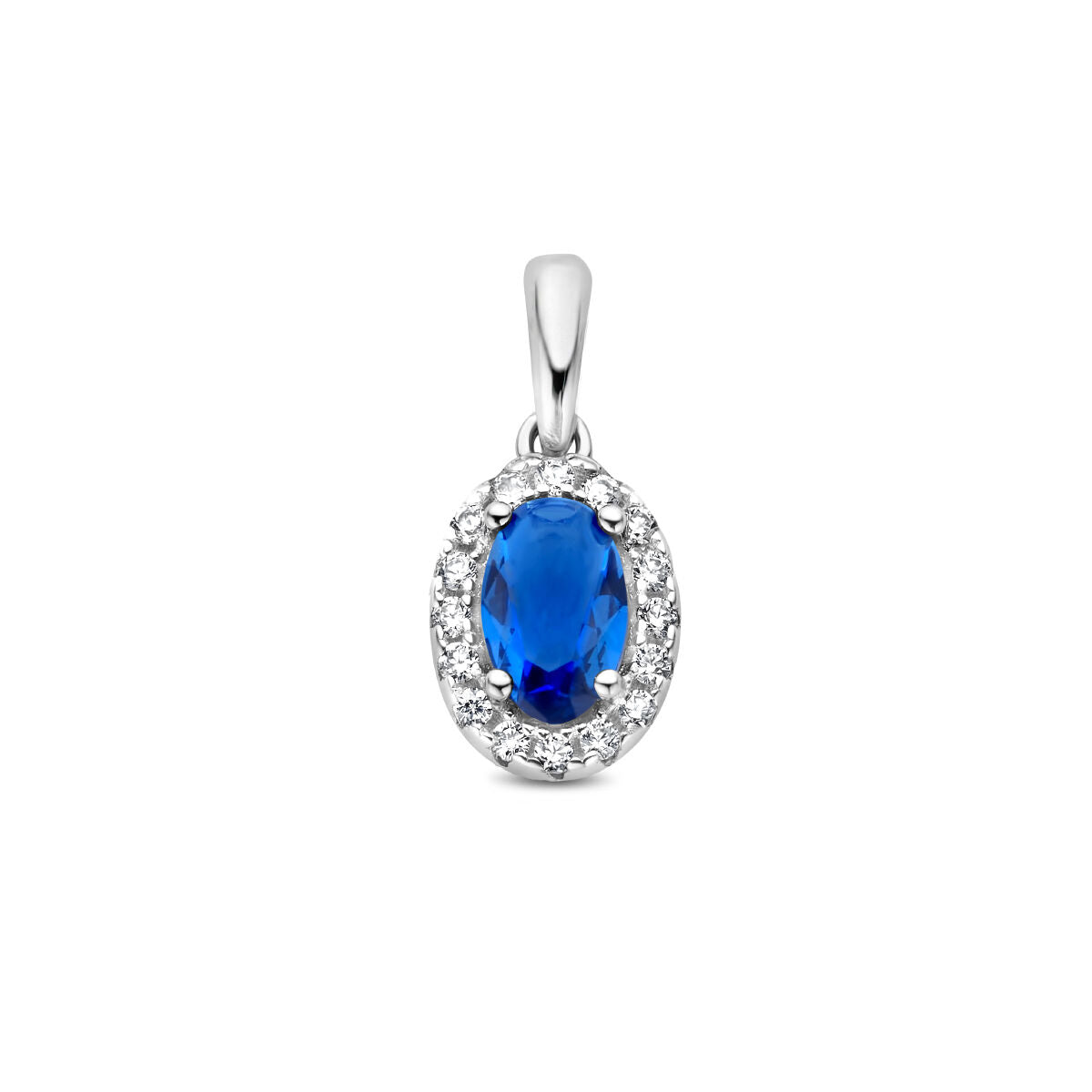 Colgante ovalado de zircónia con halo de circonitas y acabado de plata rodiada.