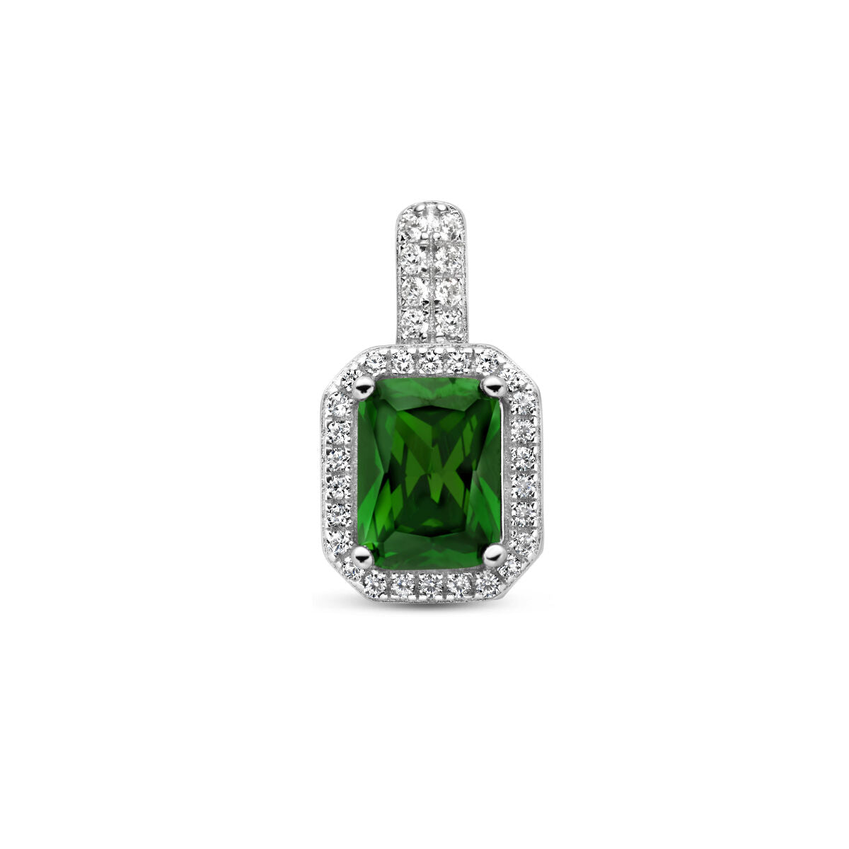 Hanger met groene zirkonia in octagonale vorm, omringd door witte zirkonia, zilver gerhodineerd.