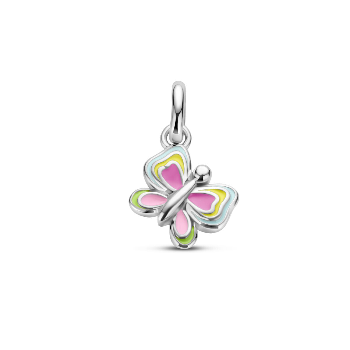 Colgante de mariposa en plata rodiada con detalles en colores rosa, amarillo y verde.