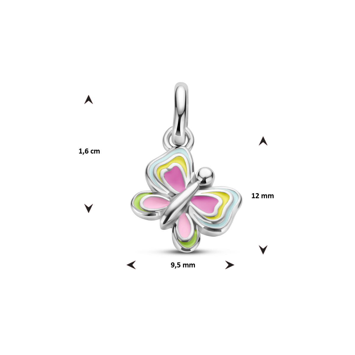 De hanger vlinder zilver gegerhodineerd uit de Van der Kooij Collectie heeft roze, gele en groene emaille vleugels en meet 1,6 cm bij 12 mm. Geschikt voor kinderen en vrouwen, bovenstaande met maatindicaties op een witte achtergrond.