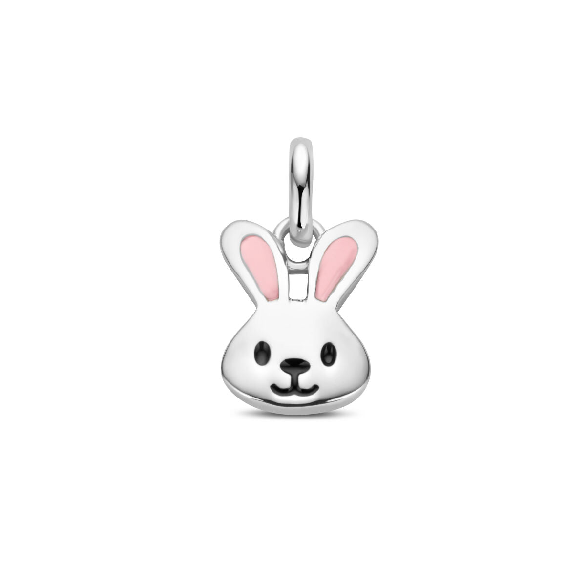 Colgante de conejo de plata rodiada con detalles en esmalte rosa.
