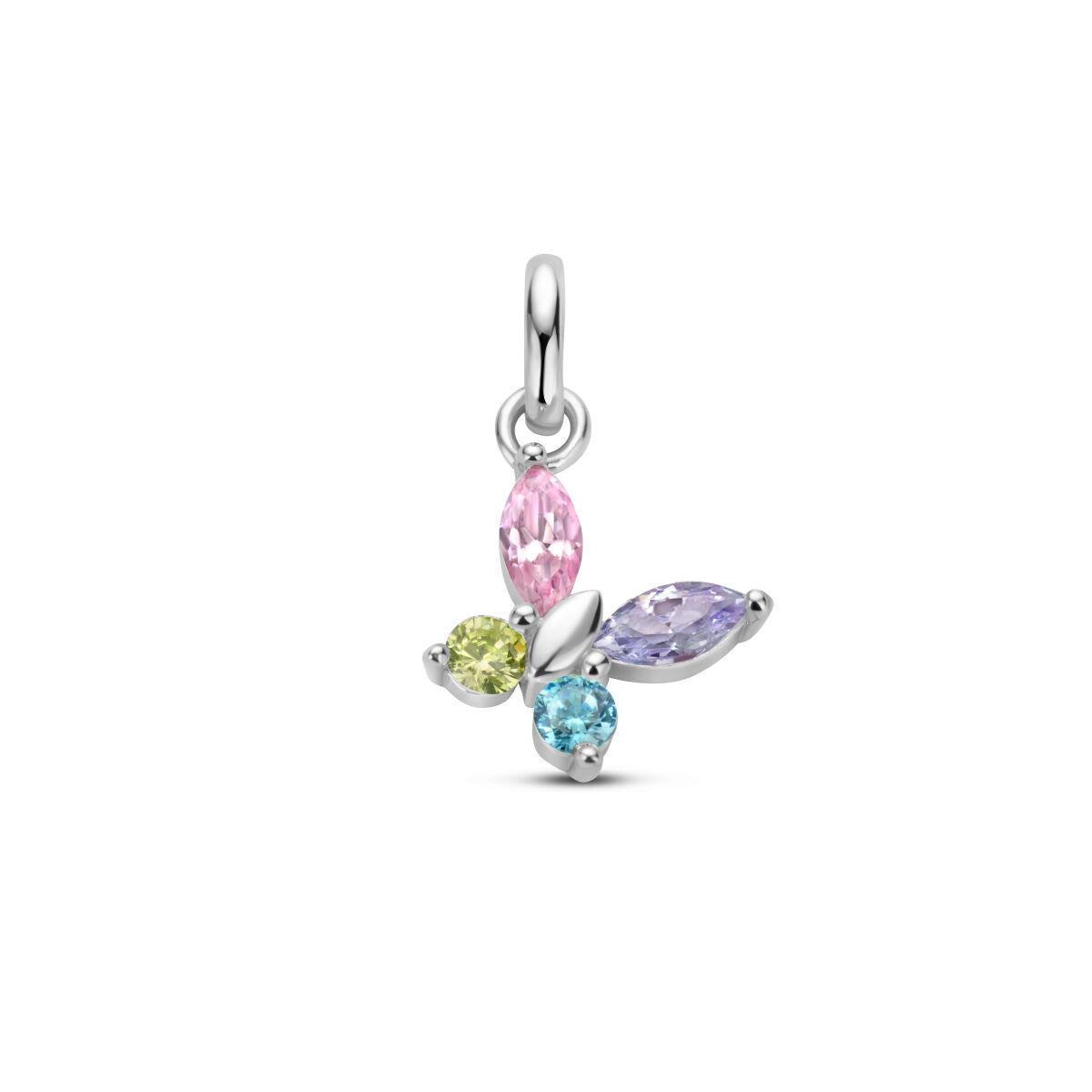 Colgante de mariposa con varias piedras de circonita en colores rosa, verde, azul y lila, acabado en plata rodiada.
