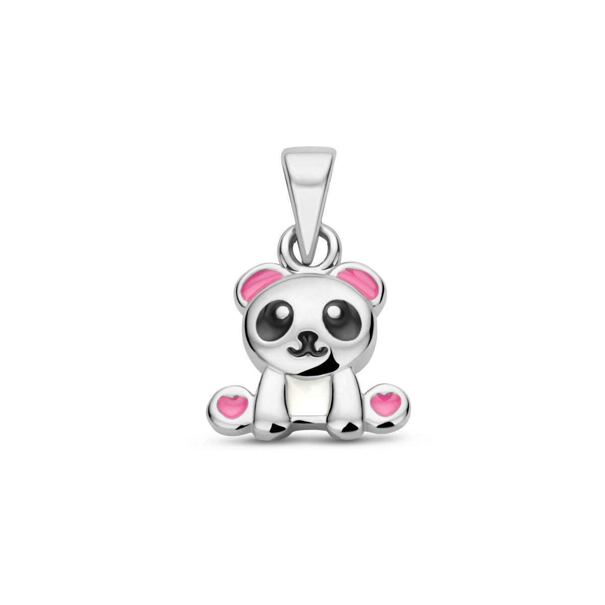 Colgante de panda en plata rodiada con detalles en rosa y ojos negros.
