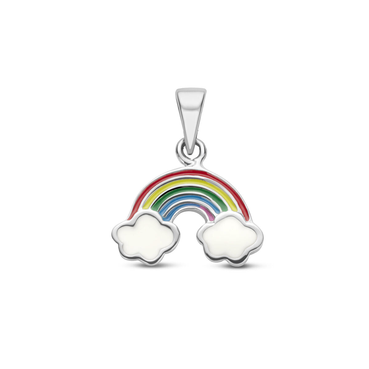 Colgante de arcoíris en plata rodiada con nubes blancas y detalles de colores.