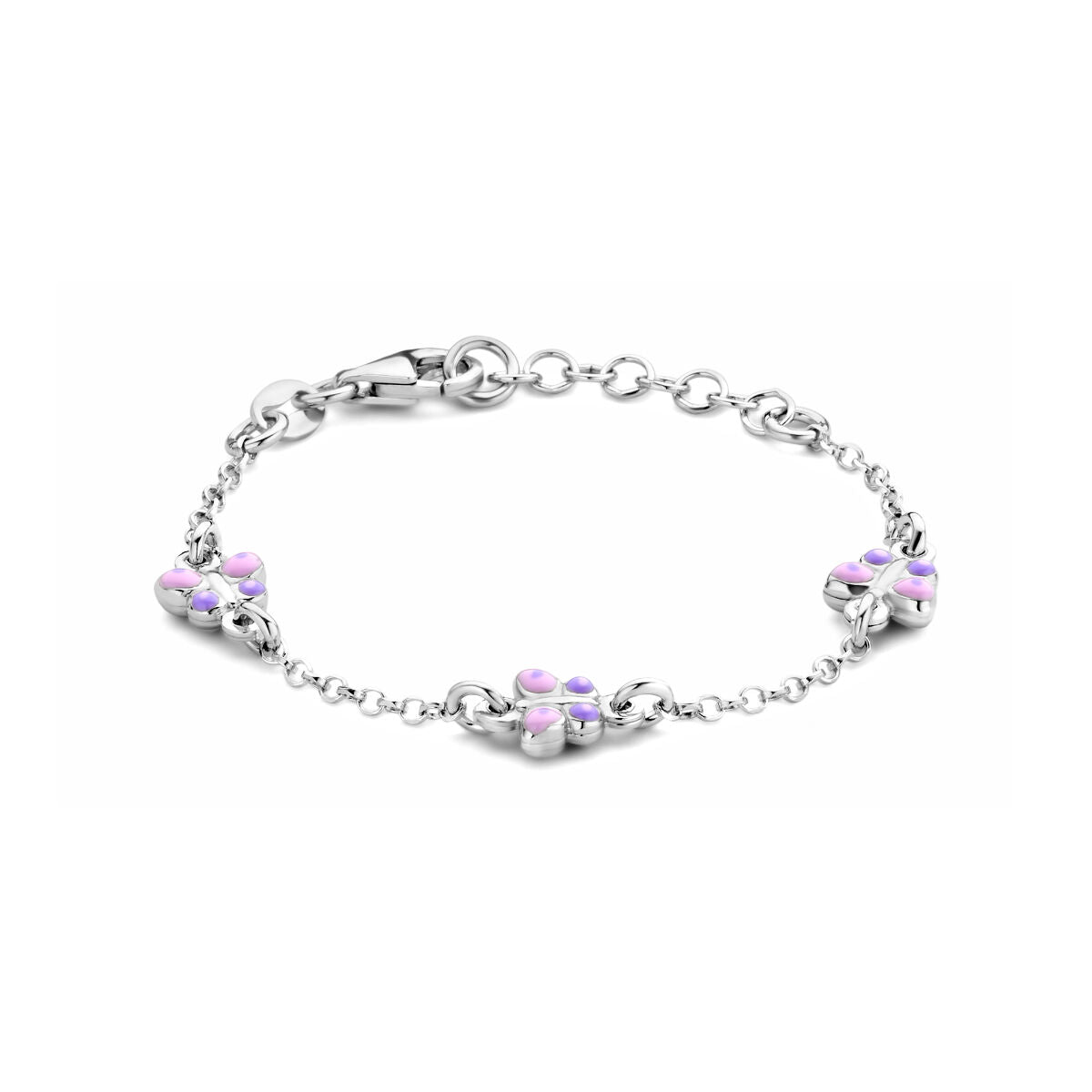 Pulsera de plata rodiada con mariposas y detalles en color púrpura, de 11 + 2 cm.