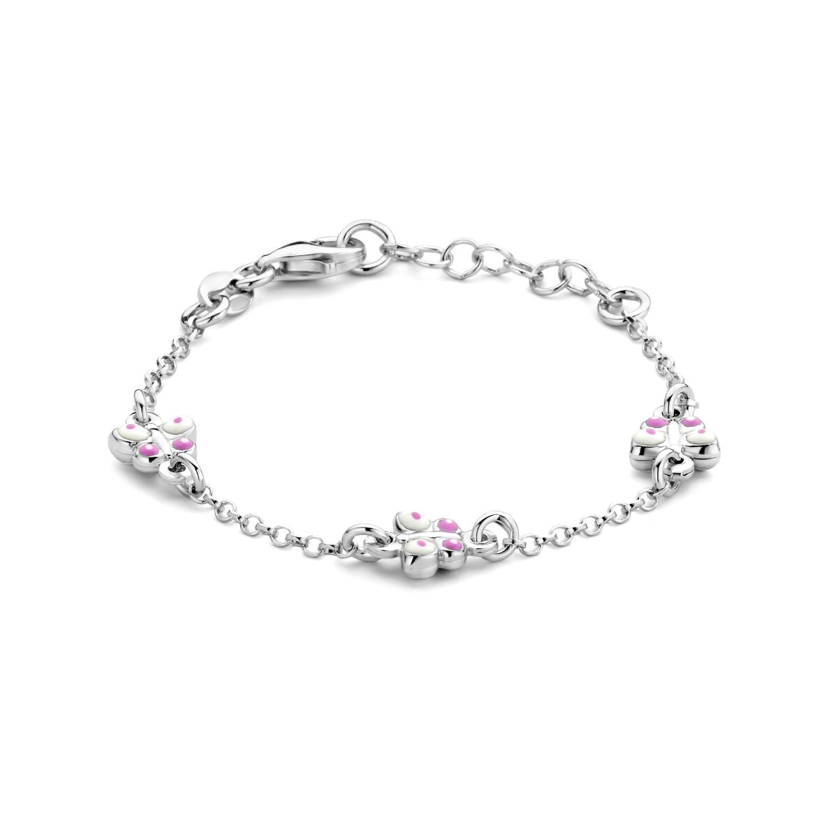 Pulsera de plata rodiada con mariposas y detalles en color rosa, de 11 a 2 cm.