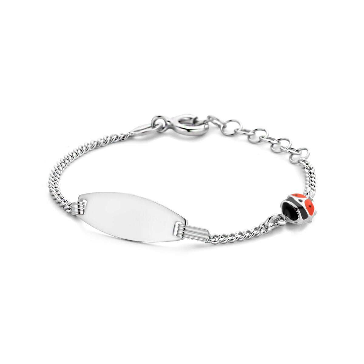 Pulsera de plata rhodium con placa grabable de 6,5 mm y charm de mariquita.