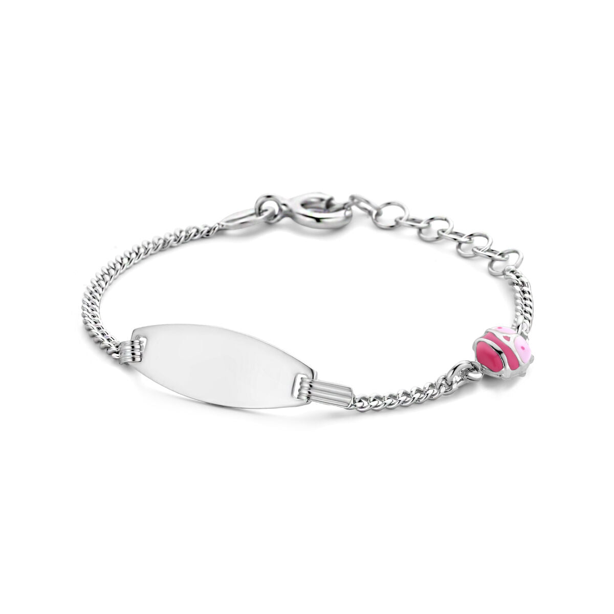 Pulsera de plata rhodium con placa grabable de 6,5 mm y charm de mariquita.