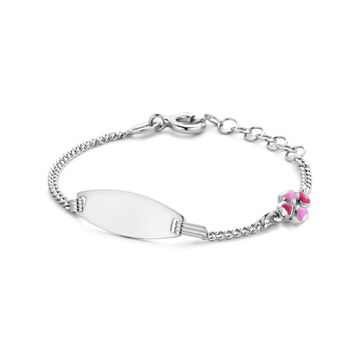 Pulsera de plata rodiada con placa para grabar de 6,5 mm y detalles en forma de trébol.