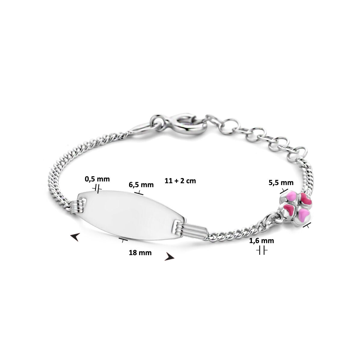 pulsera de grabado trébol placa 6,5 mm 11 + 2 cm plata rodiada