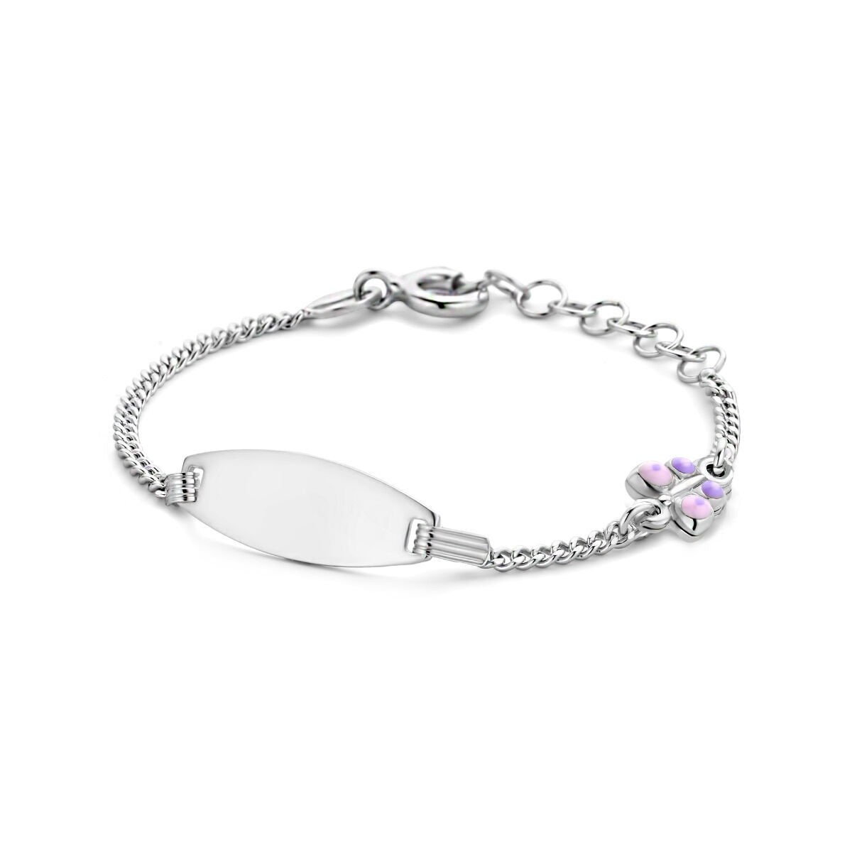 Pulsera de plata rodiada con placa para grabar y mariposa decorativa.