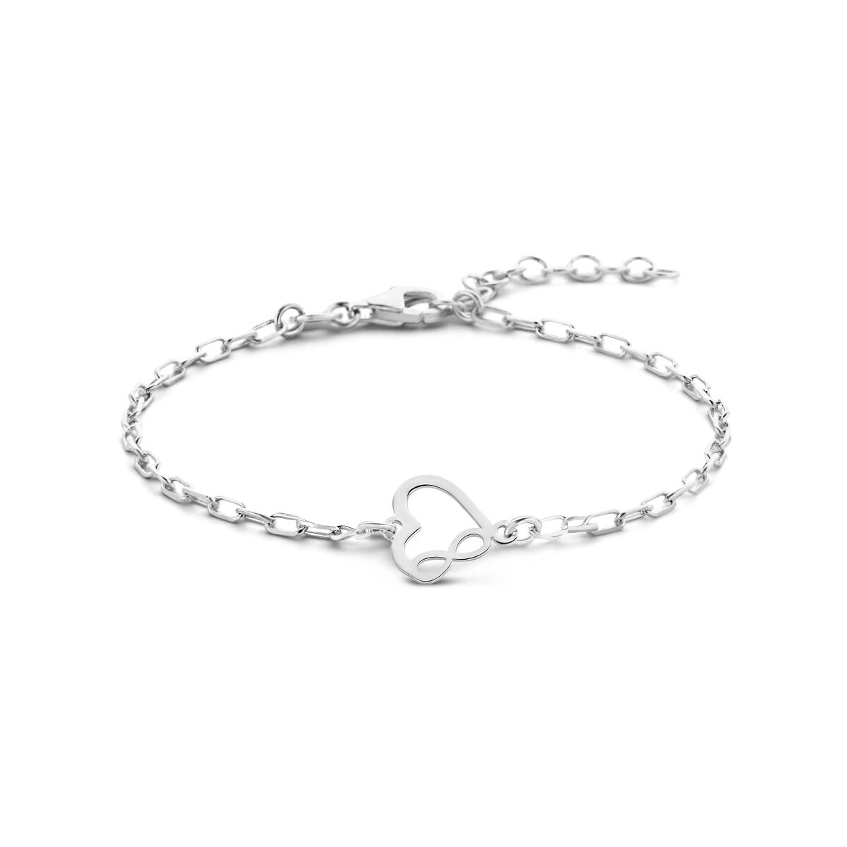 Pulsera de plata con un colgante en forma de corazón y símbolo de infinito, ajustable de 16 a 3 cm.