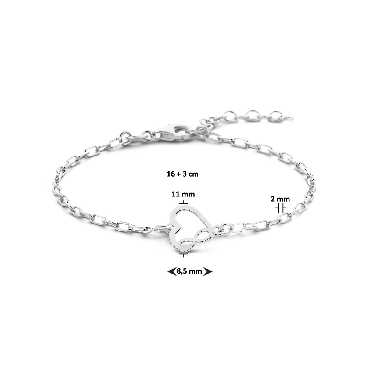 pulsera corazón e infinito 16 + 3 cm plata rodiada