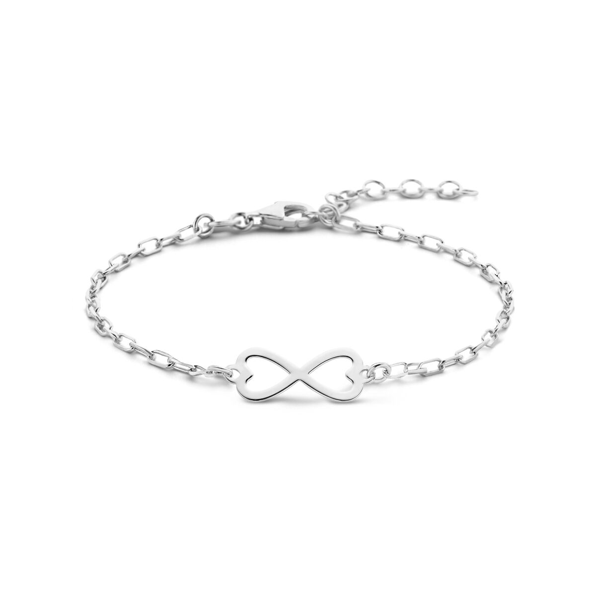 Pulsera de plata rhodium con símbolo de infinito en el centro y cadena ajustable de 16 + 3 cm.