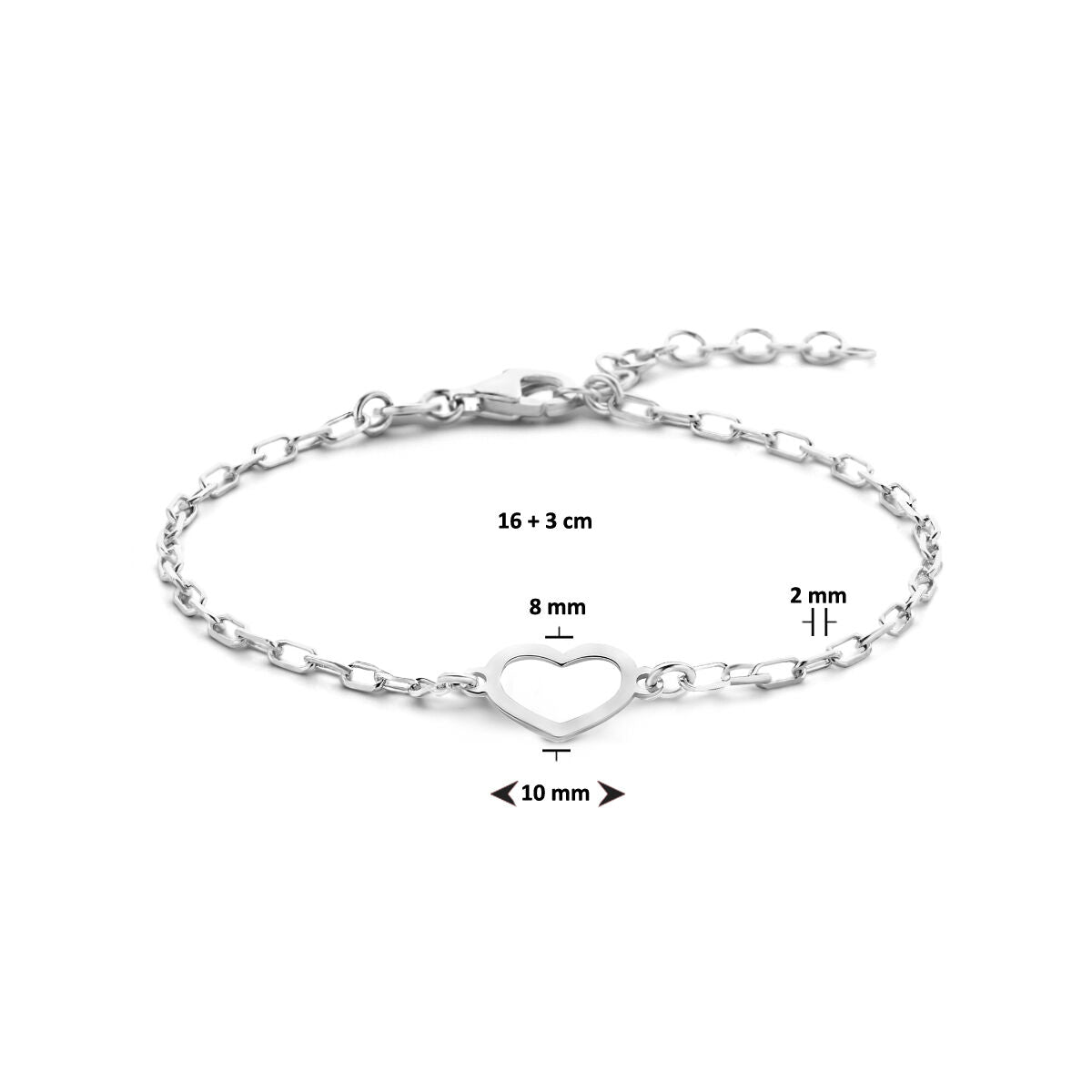 pulsera corazón 16 + 3 cm plata rodiada