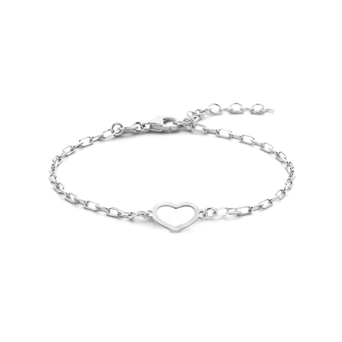 Pulsera de plata con un colgante en forma de corazón y extensión de 3 cm.