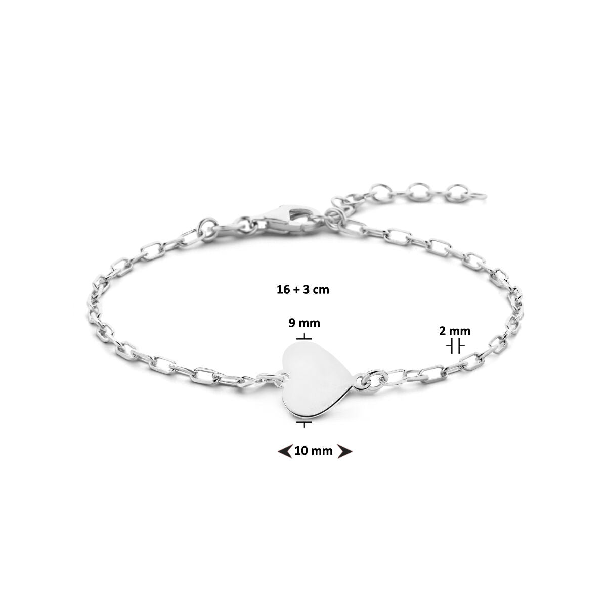 pulsera corazón 16 + 3 cm plata rodiada