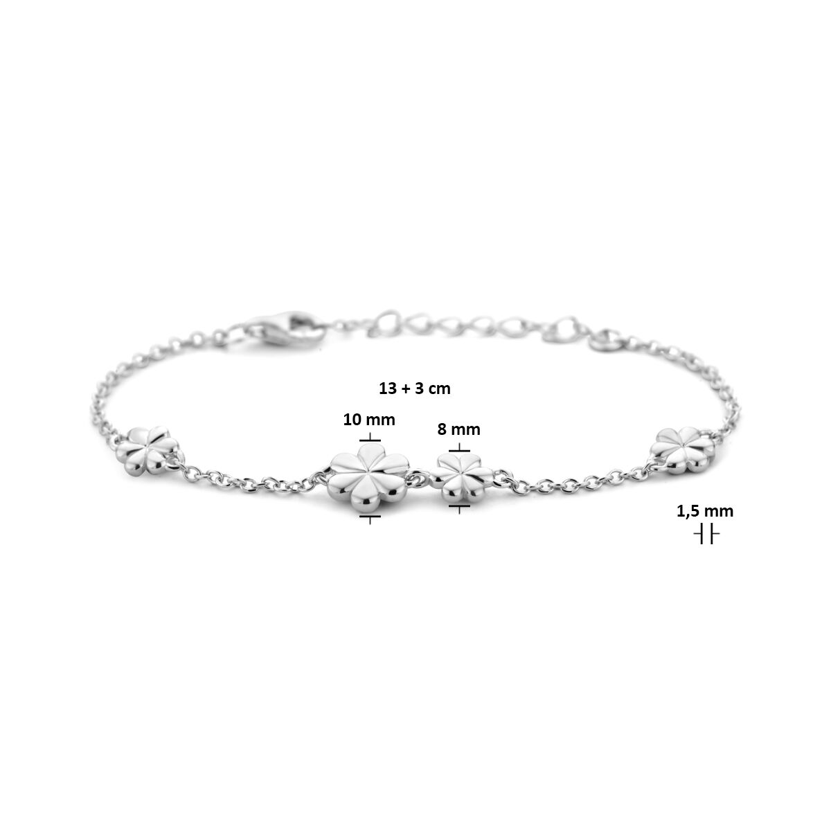 pulsera flores 13 + 3 cm plata rodiada