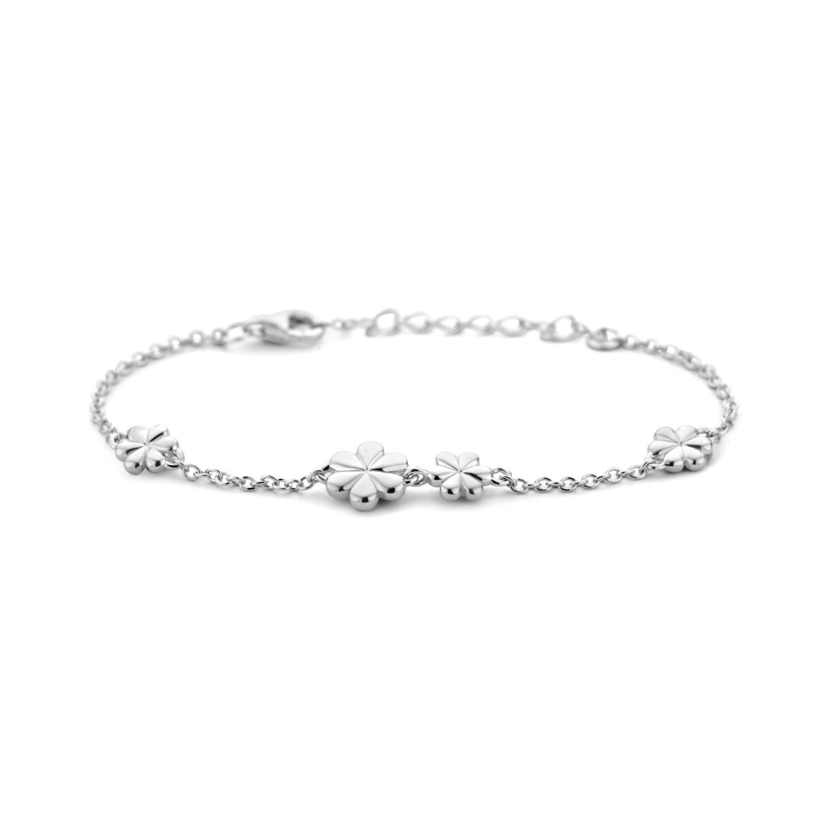 Pulsera de flores en plata rhodium, con un diseño delicado y cadena ajustable de 13 a 3 cm.