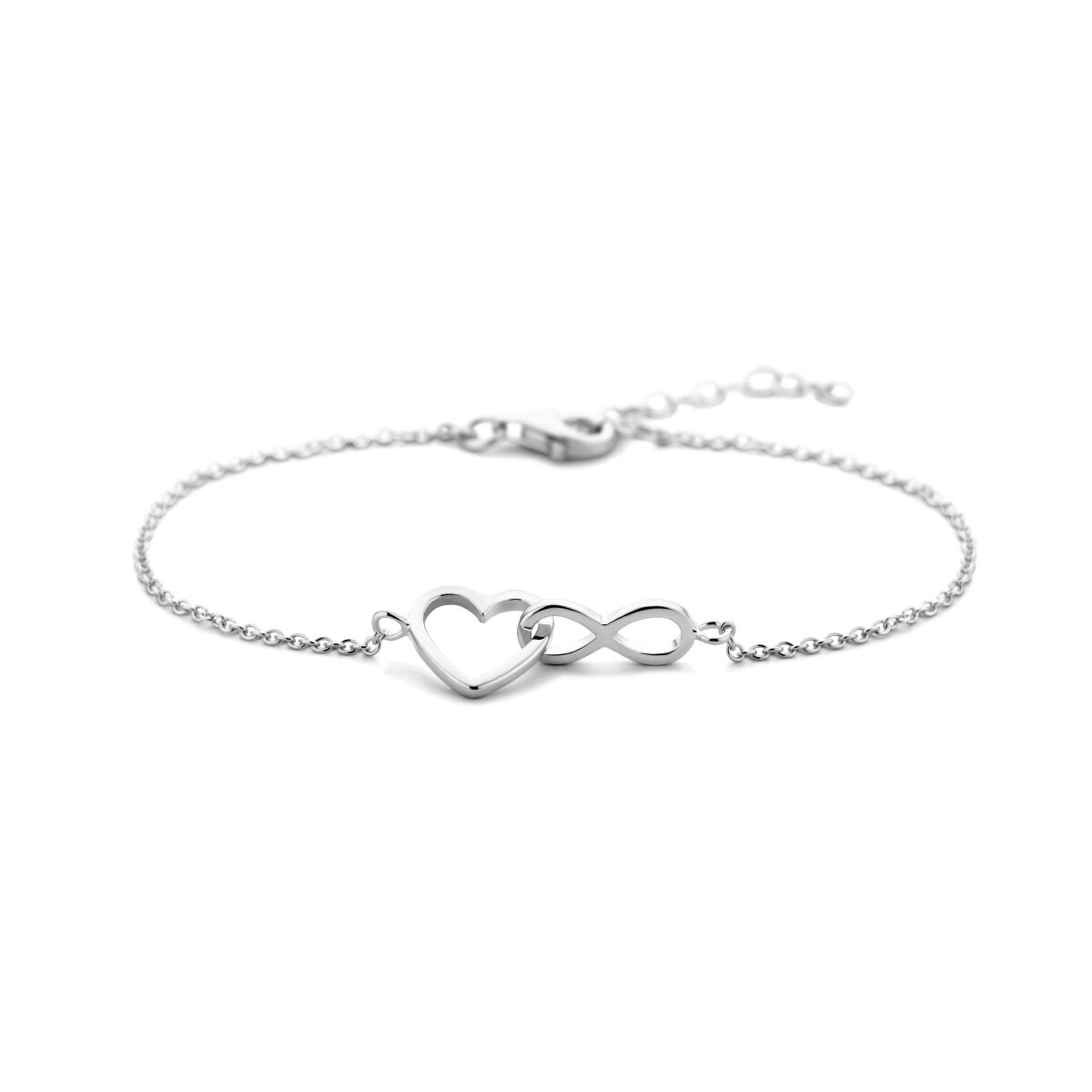 Pulsera de plata rodiada con un diseño de corazón y símbolo de infinito, de 16 a 3 cm.