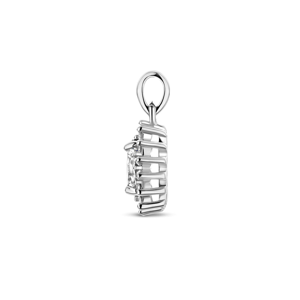 Zijaanzicht van de Van der Kooij Collectie hanger zirkonia halo zilver gerhodineerd, ontworpen voor dames met een ronde zirkonia in een prong zetting, luchtige kooi-achtige stijl, en een bovenste lus voor bevestiging aan een ketting.