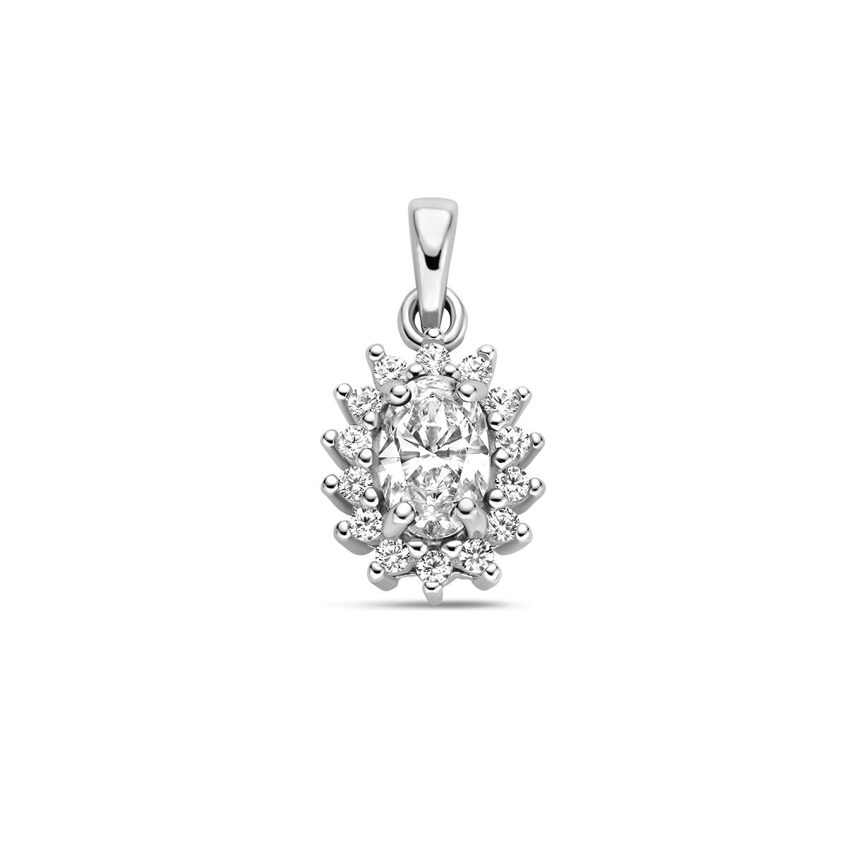 De Van der Kooij Collectie hanger zirkonia halo zilver gerhodineerd heeft een ovale zirkonia omringd door een halo van kleinere stenen in gerhodineerd zilver, met een eenvoudige bail, weergegeven op een effen witte achtergrond.