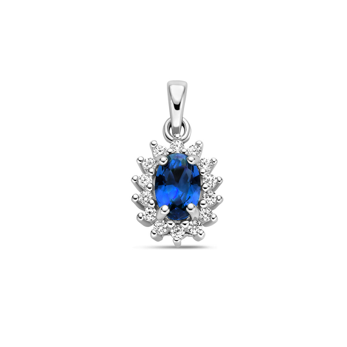 Colgante de zafiro sintético con halo de circonitas en plata rodiada.