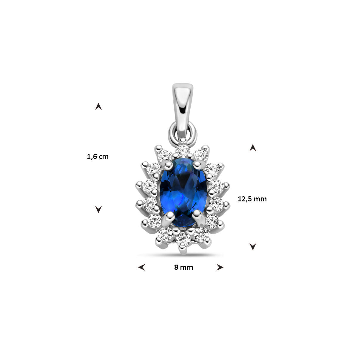colgante de zafiro sintético y halo de circonita en plata rodiada
