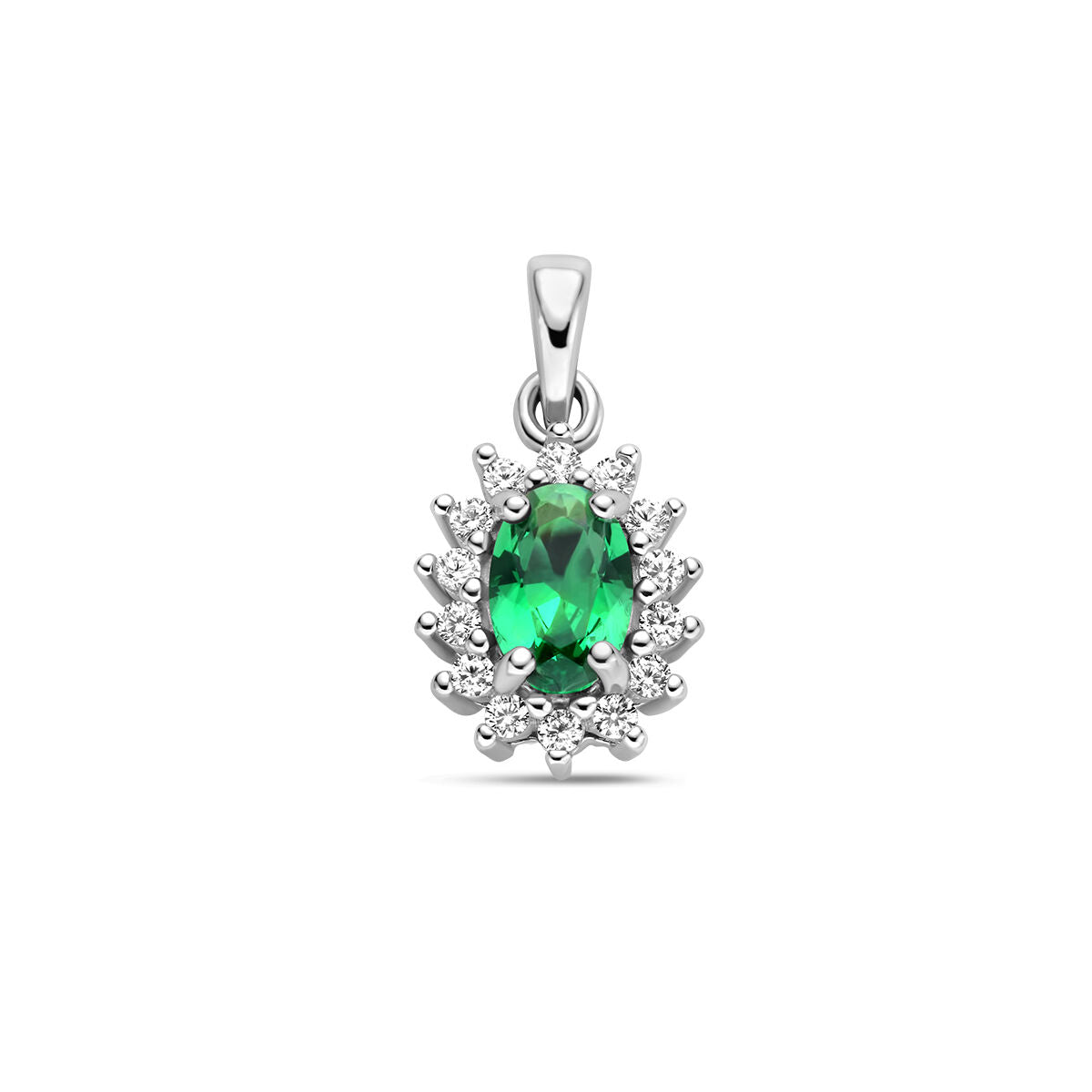 Colgante de esmalte sintético verde con halo de circonitas en plata rodiada.