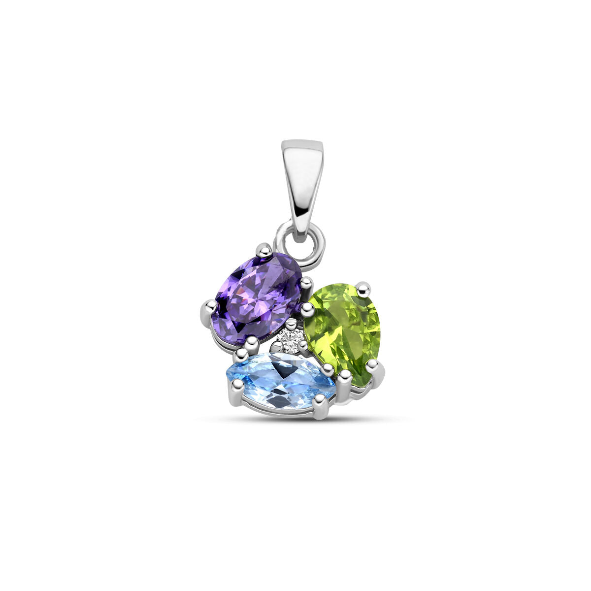 Colgante de zirconia con piedras preciosas sintéticas en plata rodiada, con formas ovaladas y colores variados.