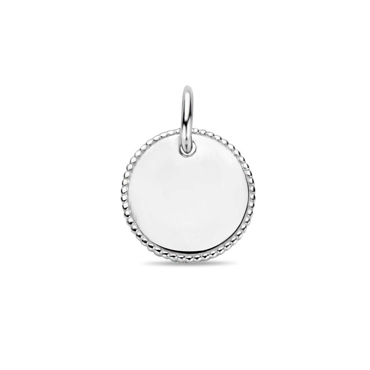Colgante redondo de plata rodiada con borde estriado.