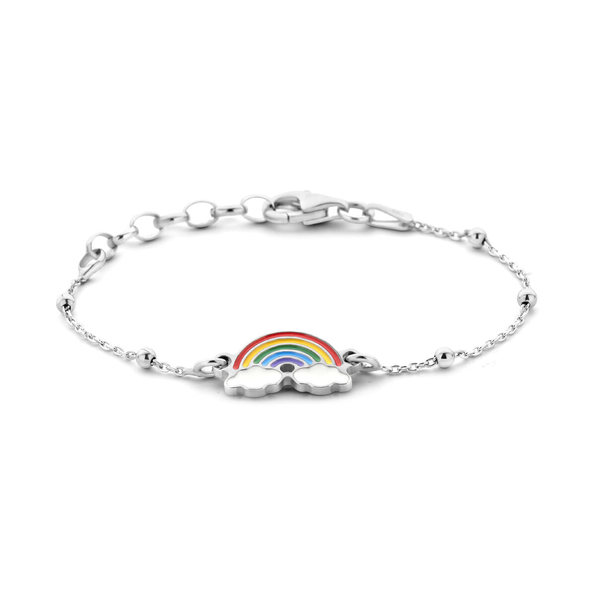 Pulsera de plata rodiada con diseño de arcoíris y nubes, de 11 + 2 cm.