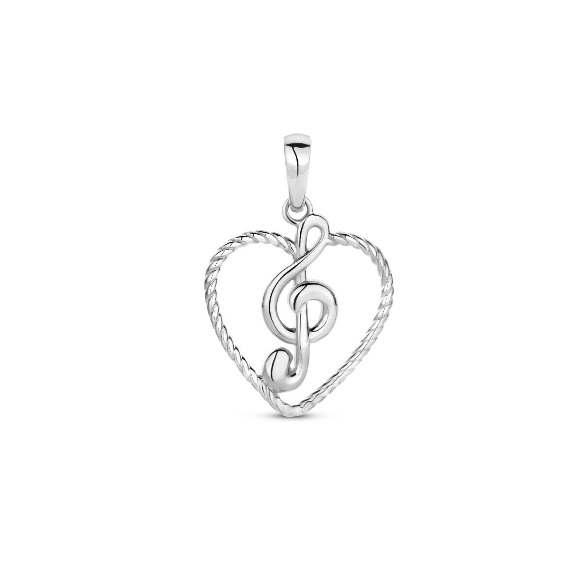 Colgante en forma de corazón con una nota musical, acabado en plata rodiada.