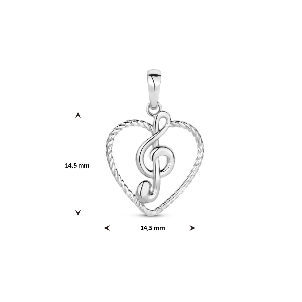 colgante corazón y nota musical plata rodiada