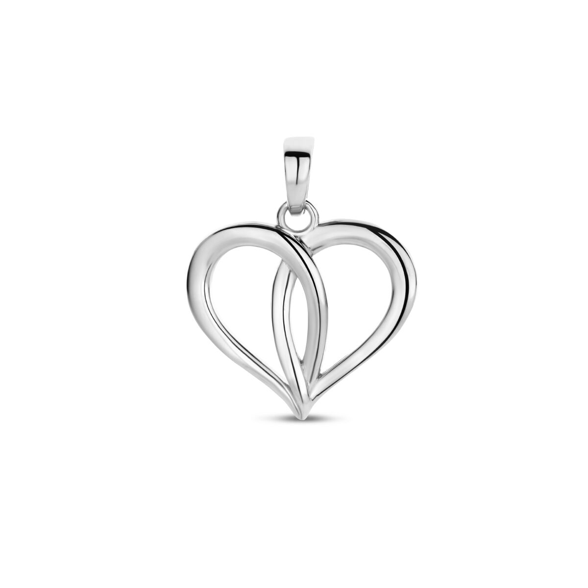Colgante de corazón de plata rodiada con un diseño entrelazado y brillante.